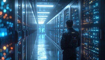 Male IT engineer walks through a futuristic server room corridor, monitoring data storage and network infrastructure