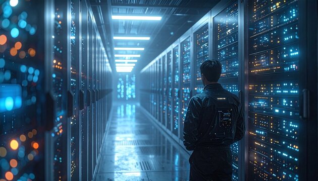 Male IT engineer walks through a futuristic server room corridor, monitoring data storage and network infrastructure