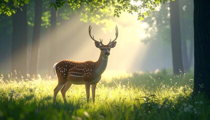 3D Reh, stehend auf Waldwiese, Morgendunst, weiches Licht, fotorealistisch, ruhige Stimmung