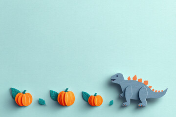 Minimal horizontal paper cut graphic features blue dinosaur with orange spikes walking among three orange pumpkins and green leaves on light blue background, evoking playful mood
