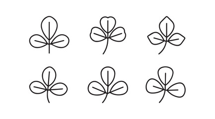Six simple outline drawings of clover leaves in silhouette