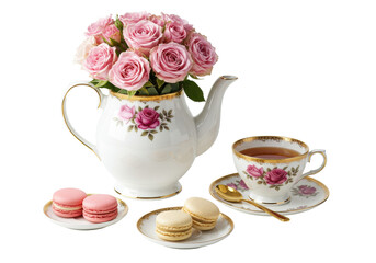 Fototapeta premium White porcelain teapot, pink roses, gold trim, fresh roses, gold spoon, pastel macarons, high-key white background, high tea concept
