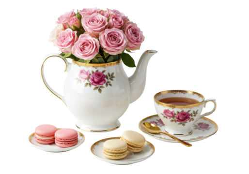 White porcelain teapot, pink roses, gold trim, fresh roses, gold spoon, pastel macarons, high-key white background, high tea concept - Powered by Adobe