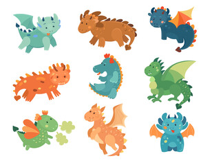 Colorful fairytale dragons. Characters for kids activity books.