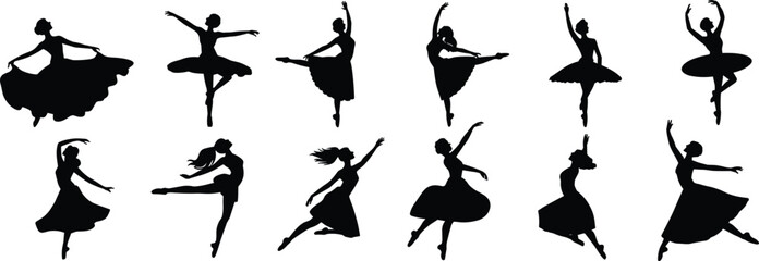 Ballet dancer silhouette illustrations, classical dance poses, black and white clipart, expressive movement, graceful posture, performance bundle set, vector pack © Creative Artist