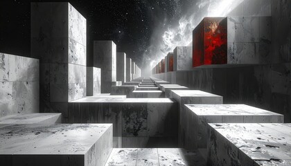 A futuristic, meticulously detailed pathway composed of massive, weathered gray concrete blocks, stretches into the distance, illuminated by a radiant light source, with glowing red cube structures...