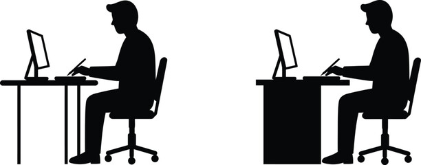 Silhouette of two people working on computers at desks side view