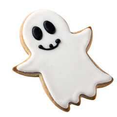 Ghost shaped cookie with white icing and black eyes on transparent background, perfect for Halloween and festive decoration