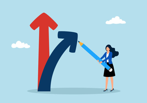 Businesswoman draw new arrow metaphor of change direction. Change direction or career path for best opportunity, choice or alternative way to progress concept