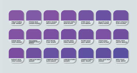 Neon Purple Color Guide Palette with Color Names. Catalog Samples of Neon Purple with RGB HEX codes and Names. Neon Purples Colors shades Vector, Purple Color Palette, Violet Fashion Trend Color Tones
