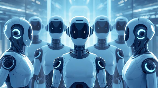 Robotic AI Assistants Standing Together in Modern Environment
