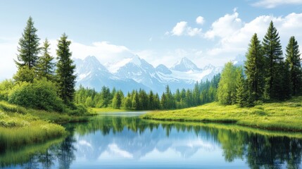 A serene mountain landscape features a calm lake reflecting lush greenery and snow-capped peaks, Ideal for nature-themed projects, travel brochures, or calming backgrounds,