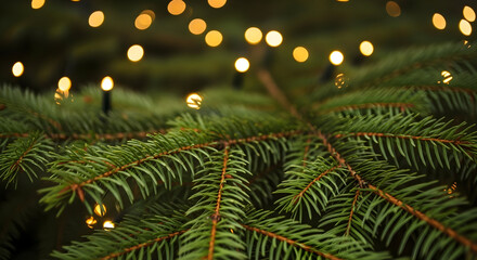 Festive Fir: A Close-Up of Christmas Tree Branches with Bokeh Lights creating holiday spirit