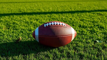 Obraz premium American football centered on green field with professional lighting and soft shadows.