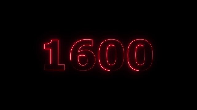 Abstract glowing neon countdown 1600 number animation background 4k video.