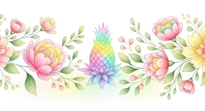Whimsical watercolor unicorn horn surrounded by a delicate floral border in soft pastel colors