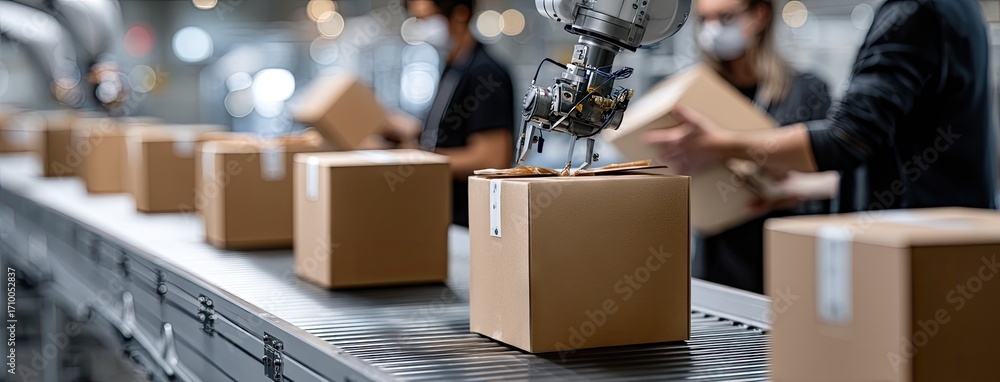 Poster workers and robots collaborate in a modern warehouse to pack packages efficiently for distribution d
