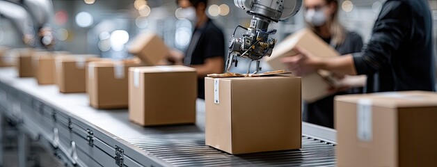 Workers and robots collaborate in a modern warehouse to pack packages efficiently for distribution during busy working hours