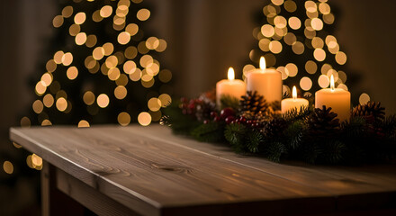 Warm Christmas decoration with burning candles pine cones and garland on wooden table against