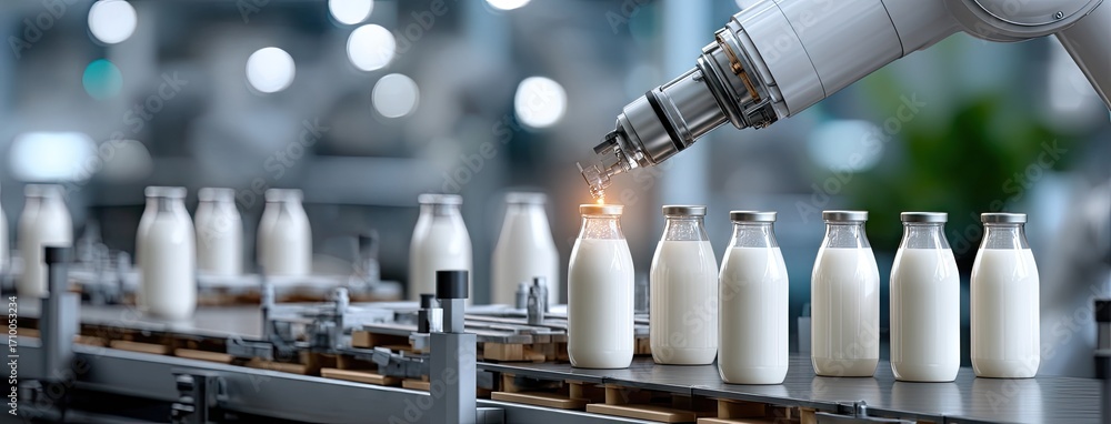 Poster automated bottling process in a dairy factory with a robotic arm filling milk bottles during a busy 