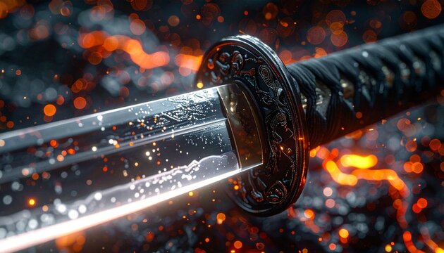 A ultra hyper-realistic, macro shot of a sleek, black-and-silver katana blade with a glowing, flowing data stream.