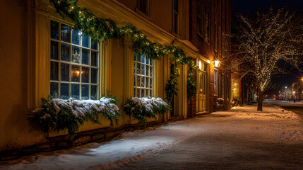 quiet street adorned with beautiful christmas showcasing soft inviting light glowing from inside