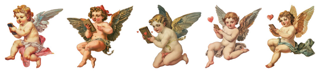 Fototapeta premium PNG Vintage cherubs with smartphones, element set on transparent background