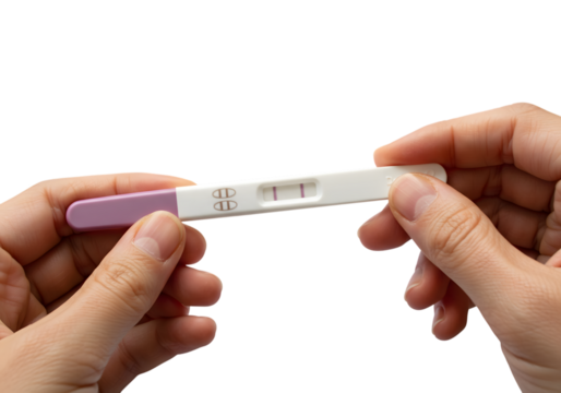 Hands holding a positive pregnancy test isolated on transparent background, indicating pregnancy