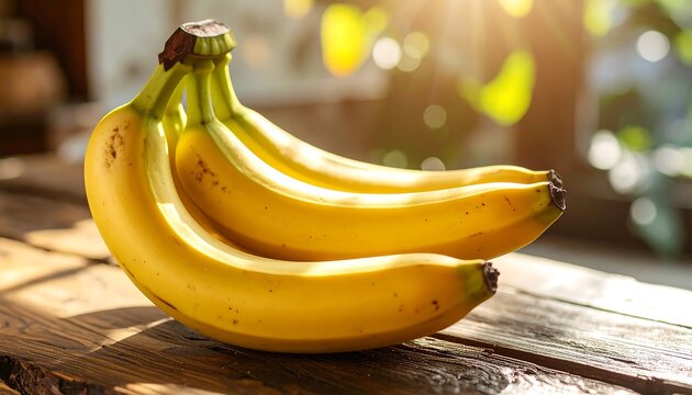 Bunch of bananas on a wooden surface in sunlight - Powered by Adobe