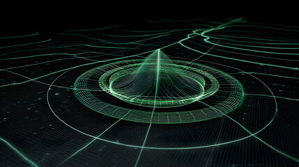 Digital Rings and Peaks: Futuristic digital rendering featuring abstract data visualization of interconnected rings and dynamic peaks, set against a dark backdrop.