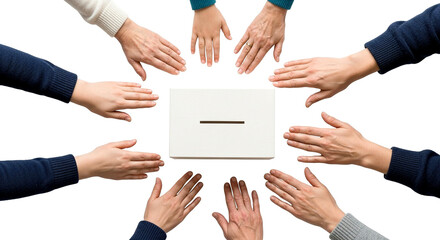Group Of Hands In A Circle Around A White Box
