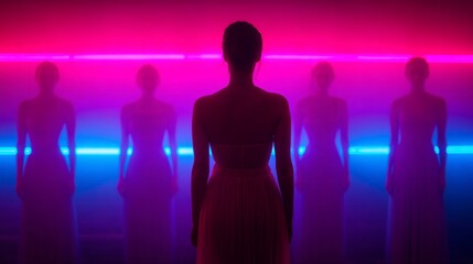 Vibrant Neon Silhouette Art - Mystical Silhouettes in Neon Glow: Surreal Artistic Scene