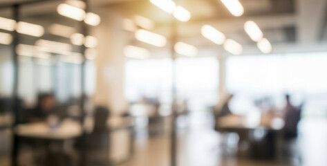 Blurred office interior with people working at tables and glass partitions, modern corporate workspace atmosphere captured in a dynamic busy environment.