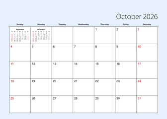 Wall calendar planner for October 2026. English language, week starts from Sunday.