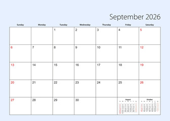 Wall calendar planner for September 2026. English language, week starts from Sunday.