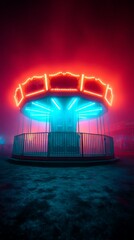 Eerie Neon Lit Carousel in Misty Nighttime Atmosphere