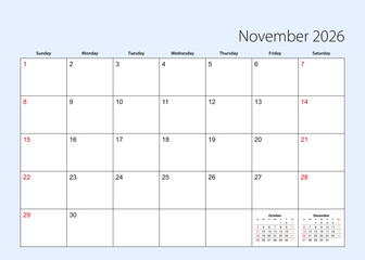 Wall calendar planner for November 2026. English language, week starts from Sunday.