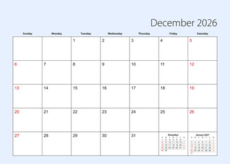 Wall calendar planner for December 2026. English language, week starts from Sunday.