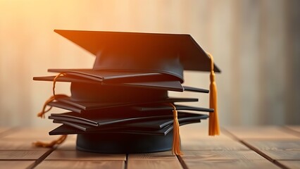 A neat stack of graduation caps on a wooden surface, radiating a sense of achievement and celebration.