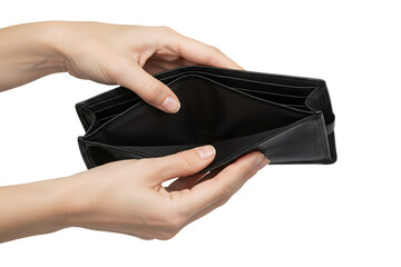 Empty wallet held by hands isolated on transparent background, representing financial hardship