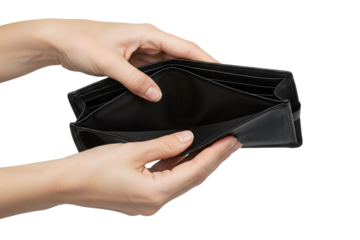 Empty wallet held by hands isolated on transparent background, representing financial hardship