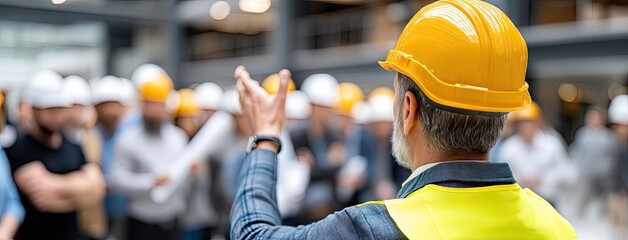 Construction meeting with workers at a site discussing project details and safety protocols in a modern building environment