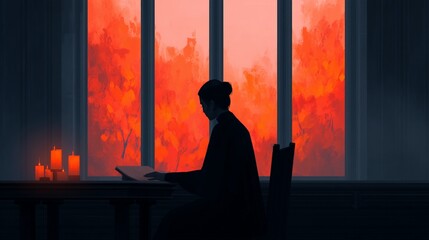 Silhouette of Person Reading by Candlelight with Vibrant Autumn View