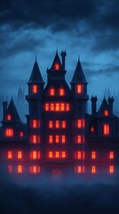 Eerie Haunted Mansion with Glowing Windows in a Foggy Night