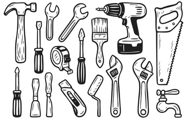 Hand drawn doodle tools collection isolated on transparent background, generative ai
