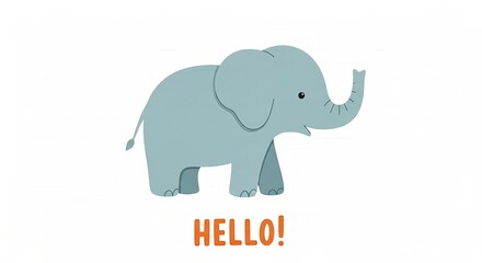 Obraz premium Cute cartoon baby elephant with trunk raised and the word hello in orange text