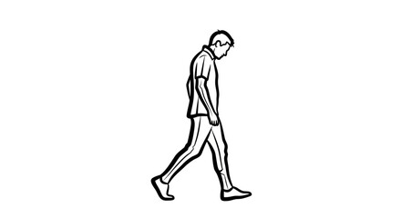 A black and white line drawing of a man walking with his head down.