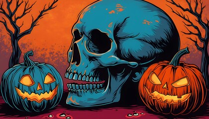 Large blue skull resting beside glowing orange and teal pumpkins in a spooky Halloween setting with bare trees and an eerie, warm orange sky Generative AI
