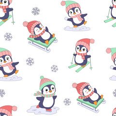 Seamless pattern with penguin character vector illustrations. Activity in winter. Cartoon animals, skating, skiing, sledding.
