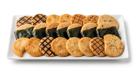 senbei on white platter isolated on white background, 